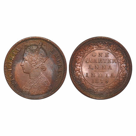 Victoria Empress, Copper, Quarter Anna, 1879, Calcutta Mint, B/II, 'C' incused. F. Prid 61