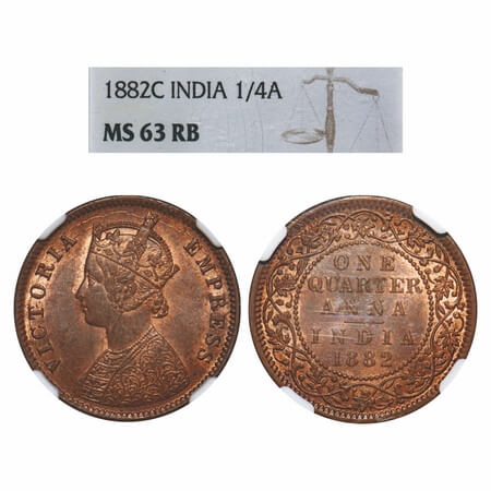 Victoria Empress, Copper, Quarter Anna, 1882, Calcutta Mint, B/II, 'C' incused. F. Prid 61