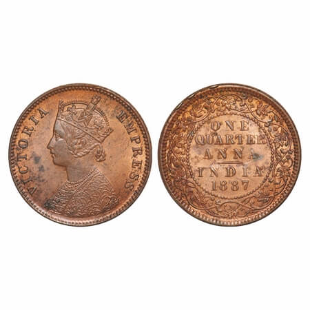 Victoria Empress, Copper, Quarter Anna, 1887, Calcutta Mint, B/II, 'C' incused. F. Prid 62