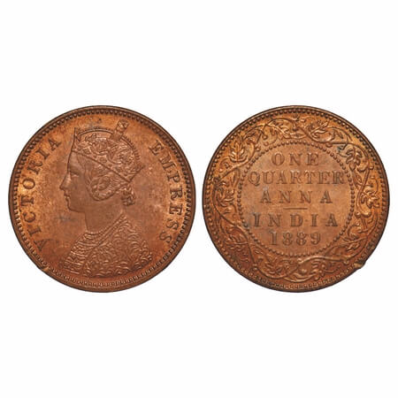Victoria Empress, Copper, Quarter Anna, 1889, Bombay Mint, B/I, No mint mark. F. Prid 644.