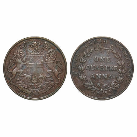 William IV, Copper, Quarter Anna, 1835, Madras Mint, A/II, Rev aligned, Wreath with 18 Ber