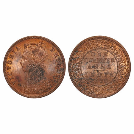 Victoria Empress, Copper, Quarter Anna, 1890, Calcutta Mint, B/II, No mint mark. F. Prid 6