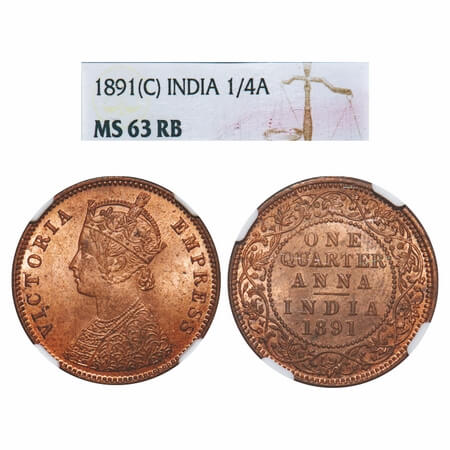 Victoria Empress, Copper, Quarter Anna, 1891, Calcutta Mint, B/II, No mint mark. F. Prid 6