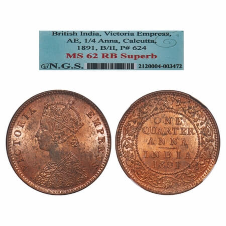 Victoria Empress, Copper, Quarter Anna, 1891, Calcutta Mint, B/II, No mint mark. F. Prid 6