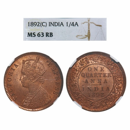 Victoria Empress, Copper, Quarter Anna, 1892, Calcutta Mint, B/II, No mint mark. F. Prid 6