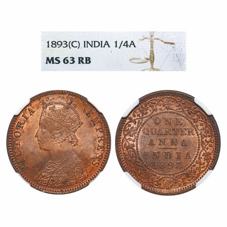 Victoria Empress, Copper, Quarter Anna, 1893, Calcutta Mint, B/II, No mint mark. F. Prid 6