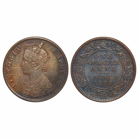 Victoria Empress, Copper, Quarter Anna, 1894, Calcutta Mint, B/II, No mint mark, crudish l