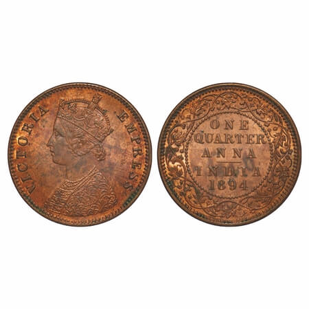 Victoria Empress, Copper, Quarter Anna, 1894, Calcutta Mint, B/II, No mint mark. F. Prid 6