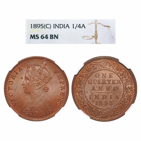 Victoria Empress, Copper, Quarter Anna, 1895, Calcutta Mint, B/II, No mint mark. F. Prid 6
