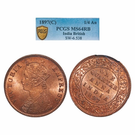 Victoria Empress, Copper, Quarter Anna, 1897, Calcutta Mint, B/II, No mint mark, Almsot 1'