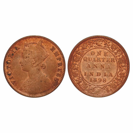 Victoria Empress, Copper, Quarter Anna, 1898, Calcutta Mint, B/II, No mint mark. F. Prid 6