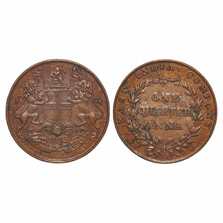 William IV, Copper, Quarter Anna, 1835, Madras Mint, A/II, Rev aligned, Wreath with 18 Ber