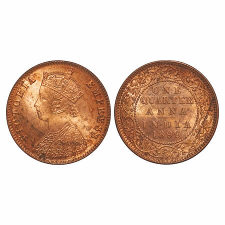 Victoria Empress, Copper, Quarter Anna, 1899, Calcutta Mint, B/II, No mint mark. F. Prid 6