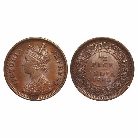 Victoria Empress, Copper, 1/2 Pice, 1885, Calcutta Mint, A/I, No mint mark. F. Prid 717. G