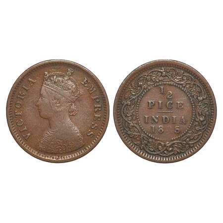 Victoria Empress, Copper, 1/2 Pice 1885, Calcutta Mint, A/I, No mint mark, Numeral 8 of ya