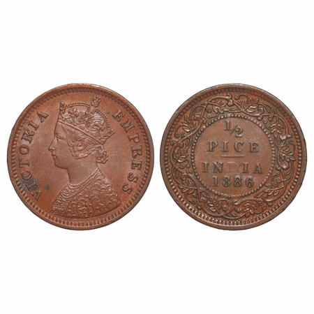 Victoria Empress, Copper, 1/2 Pice 1886, Calcutta Mint, A/I, No mint mark, Alphabate 'D' o