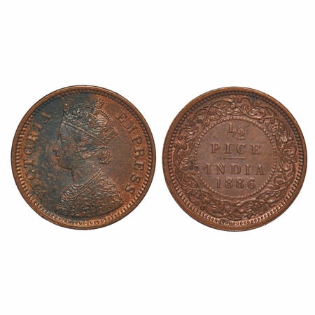 Victoria Empress, Copper, 1/2 Pice, 1886, Calcutta Mint, A/I, No mint mark. F. Prid 718. G