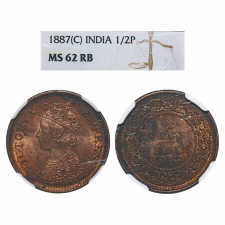 Victoria Empress, Copper, 1/2 Pice, 1887, Calcutta Mint, A/I, No mint mark. F. Prid 719. G