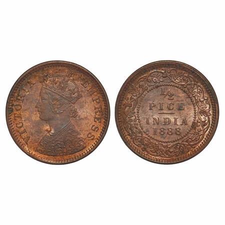 Victoria Empress, Copper, 1/2 Pice, 1888, Calcutta Mint, A/I, No mint mark. F. Prid 720. G