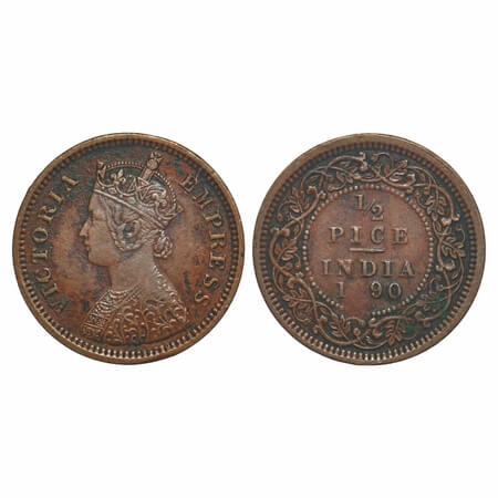 Victoria Empress, Copper, 1/2 Pice, 1890, Calcutta Mint, A/I, No mint mark, Numeral 8 of y