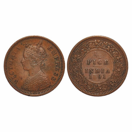 Victoria Empress, Copper, 1/2 Pice, 1891, Calcutta Mint, A/I, No mint mark, Numeral 8 of y