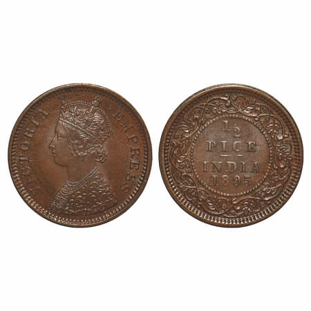 Victoria Empress, Copper, 1/2 Pice, 1895, Calcutta Mint, A/I, No mint mark. F. Prid 728. G