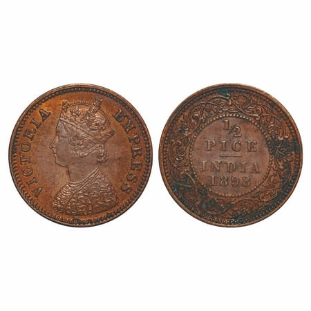Victoria Empress, Copper, 1/2 Pice, 1898, Calcutta Mint, A/I, No mint mark. F. Prid 731. G