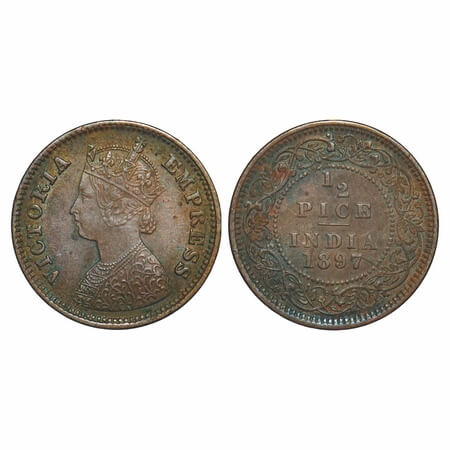 Victoria Empress, Copper, 1/2 Pice, 1897, Calcutta Mint, A/I, No mint mark, Complete skull