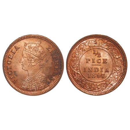 Victoria Empress, Copper, 1/2 Pice, 1897, Calcutta Mint, A/I, No mint mark. F. Prid 730. G