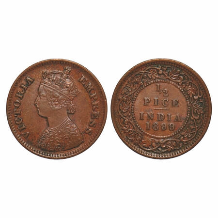 Victoria Empress, Copper, 1/2 Pice, 1899, Calcutta Mint, A/I, No mint mark. F. Prid 732. G