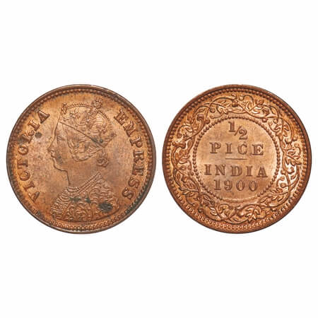 Victoria Empress, Copper, 1/2 Pice, 1900, Calcutta Mint, A/I, No mint mark. F. Prid 733. G
