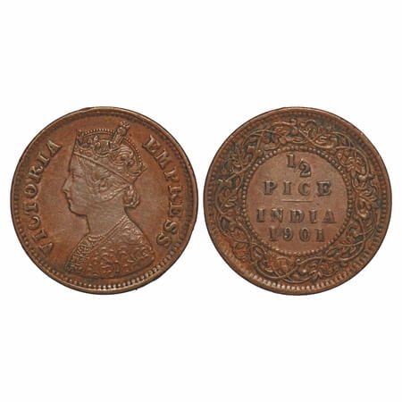 Victoria Empress, Copper, 1/2 Pice, 1901, Calcutta Mint, A/I, No mint mark. F. Prid 734. G