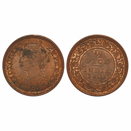 Victoria Empress, Copper, 1/2 Pice 1901, Calcutta Mint, A/I, No mint mark. F. Prid 734. GK