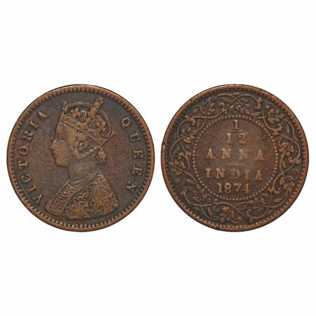 Victoria Queen, Copper, 1/12 Anna, 1874, Calcutta Mint, No mint mark, Obv A. F. Prid 783. 