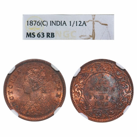 Victoria Queen, Copper, 1/12 Anna, 1876, Calcutta Mint, No mint mark, Obv A. F. Prid 785. 
