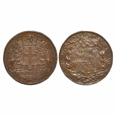 William IV, Copper, Quarter Anna, 1835, Bombay Mint, A/I, Wreath with 17 Berries (8L + 9R)