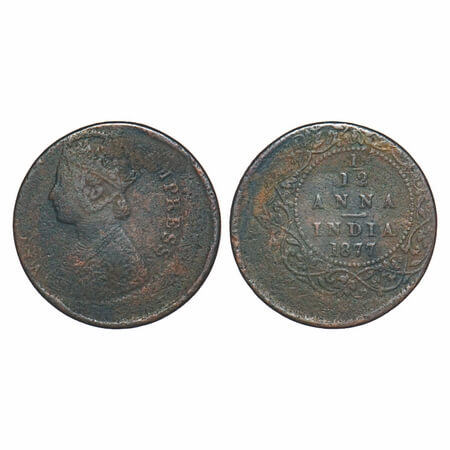 Victoria Empress, Copper, 1/12 Anna, 1877, Calcutta Mint, No mint mark, Obv B, Error, 20% 