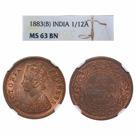 Victoria Empress, Copper, 1/12 Anna, 1883, Bombay Mint, No mint mark, Obv A. F. Prid 811. 