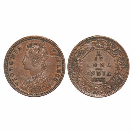 Victoria Empress, Copper, 1/12 Anna, 1883, Calcutta Mint, Obv B, 'C' incused, Planchet fla