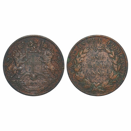 William IV, Copper, Quarter Anna, 1835, Madras Mint, B/V, Flat numeral 1, Wreath with 24 B