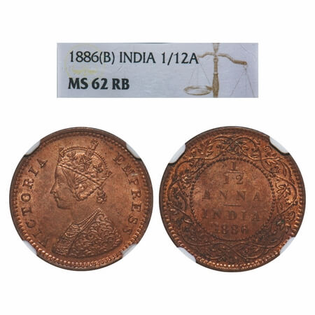 Victoria Empress, Copper, 1/12 Anna, 1886, Bombay Mint, No mint mark, Obv A. F. Prid 813.