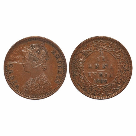 Victoria Empress, Copper, 1/12 Anna, 1887, Bombay Mint, Obv A, No mint mark, Planchate fla