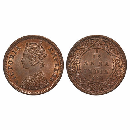 Victoria Empress, Copper, 1/12 Anna, 1888, Bombay Mint, No mint mark, Obv A. F. Prid 815. 