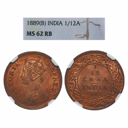 Victoria Empress, Copper, 1/12 Anna, 1889, Bombay Mint, No mint mark, Obv A. F. Prid 816. 