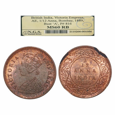 Victoria Empress, Copper, 1/12 Anna 1889, Bombay Mint, Obv A, No mint mark. F. Prid 816. G