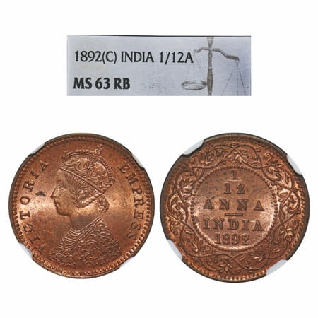 Victoria Empress, Copper, 1/12 Anna, 1892, Calcutta Mint, Obv B, No mint mark. F. Prid 797
