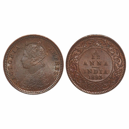 Victoria Empress, Copper, 1/12 Anna, 1893, Calcutta Mint, No mint mark, Obv B. F. Prid 798