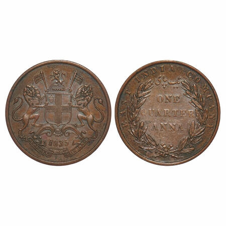 William IV, Copper, Quarter Anna, 1835, Madras Mint, B/VI, Flat numeral 1, Wreath with 24 