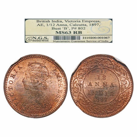 Victoria Empress, Copper, 1/12 Anna 1897, Calcutta Mint, Obv B, No mint mark. F. Prid 802.
