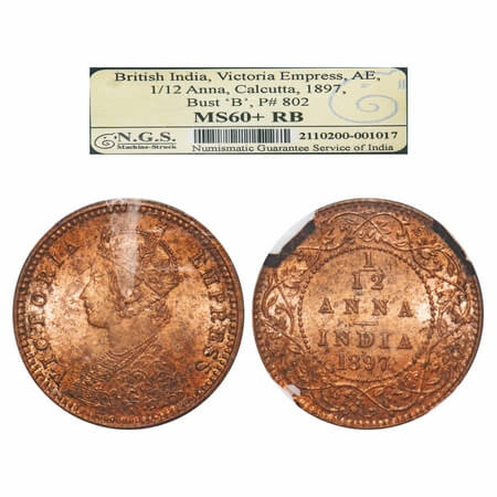 Victoria Empress, Copper, 1/12 Anna 1897, Calcutta Mint, Obv B, No mint mark. F. Prid 802.
